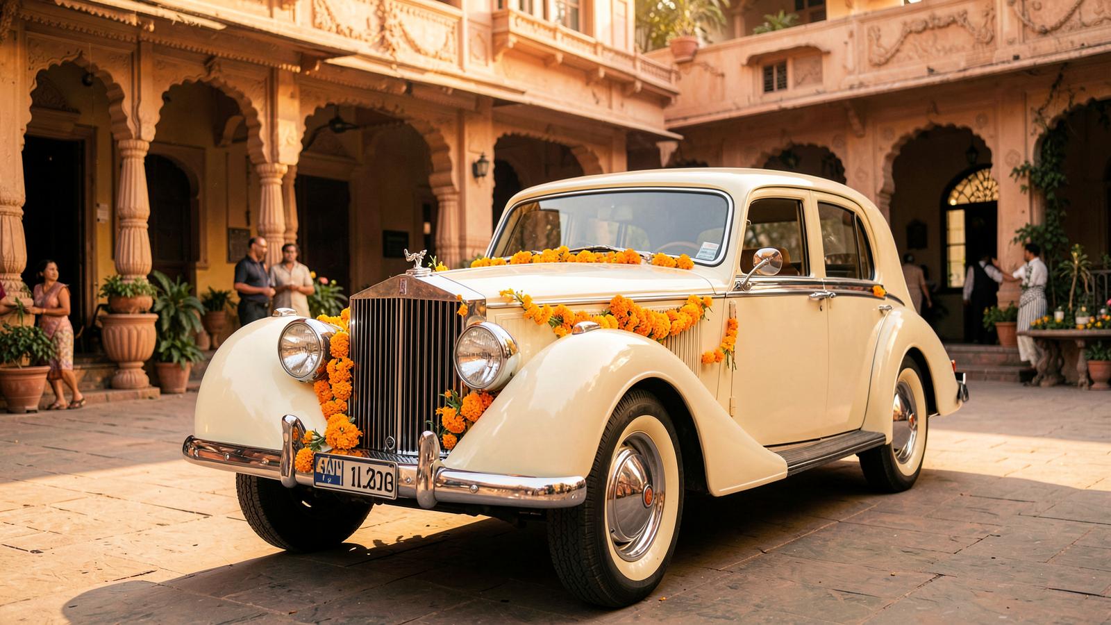 Vintage luxury car in a heritage haveli courtyard in Jaipur, Rajasthan